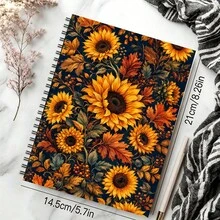 1PC A5 Sunflower Autumn Floral Spiral Notebook, 50 Pages/25 Sheets, Dark Blue Warm Yellow Sunflower Maple Leaf Berry And Vintage Botanical Design Journal For Daily Writing, Study Notes, Seasonal Records And Floral Theme Gifts - A5 - View 9