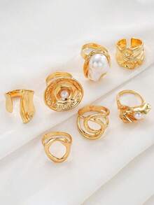 7/3pcs Asymmetrical Pearl Flower Rings, Geometric Shape, Tassel Effect, Hollow Round, Multi-Layer Metal Texture, Extra Large Size, Rugged Chic, Elegant Retro, Suitable For Festivals, Parties, Dates, Gifts, Daily Wear - Gold 1 - View 5