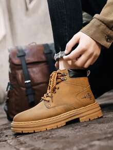 Men's Khaki Casual Work Boots, Thick Sole High-Top Boots - Yellow - View 3