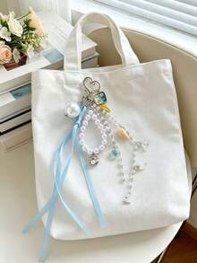Vigour Summer Coastal Ocean Theme Faux Pearl Beaded Keychain, Natural Shell & Conch Bag Charm With Light Blue Ribbon, Heart-Shaped Carabiner Backpack Pendant, Gift - Multicolor - View 5