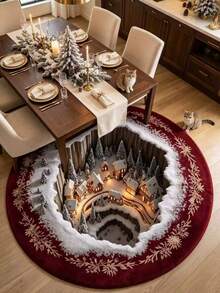 1pc Christmas Theme Round Visual Valley Snow Village Rug, Thickened Rug, Thick Rug, Plush Rug, Autumn/Winter Rug, Thickened Rug, Decorative Rug, Bedroom Decor, Small Rug, Rug, Home Decor, Living Room Rug, Living Room Small Rug, Bedroom Rug, Living Room Home Decor, Outdoor Rug, Washable Rug - Multicolor - View 3