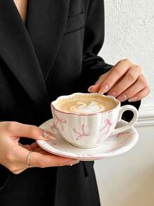 1pc French Girl Style Pink Bow Ceramic Coffee Cup And Saucer Set, Delicate High-Temperature White Porcelain Material, Wavy Rim, Pink Edge Trim, Hand-Painted Soft Pink Bow Print, Rounded Comfortable Handle; Suitable For Latte, Fruit Tea, Milk, Home Afternoon Tea, Office Drinking, Cafe Display, Girly Desktop Decor, Exquisite Holiday Gift And Other Various Occasions - Multicolor - View 8