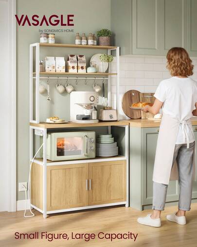 VASAGLE Kitchen Bakers Rack With Power Outlet, Coffee Bar With 35.4-Inch High Worktop, Microwave Stand With 8 Hooks, 15.7 X 31.5 X 66.9 Inches