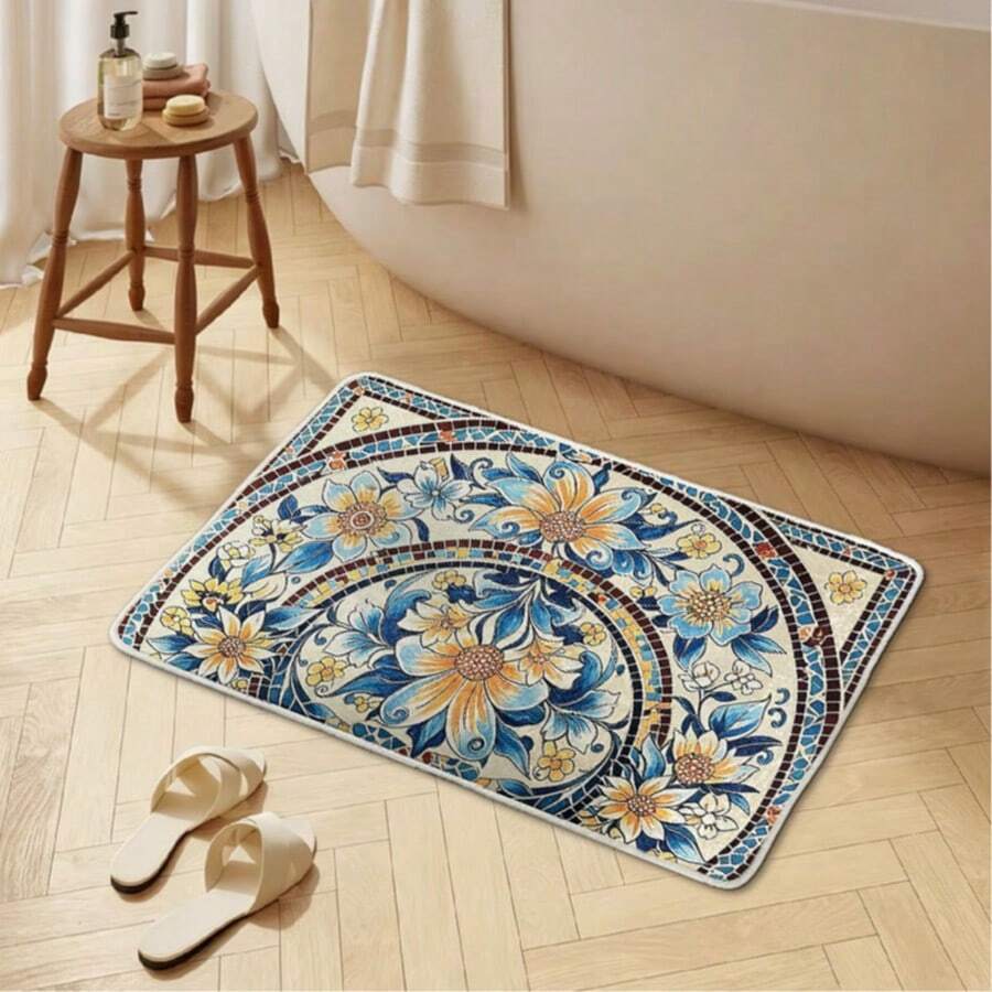 1pc Vintage Moroccan Style Gold Diamond Velvet Entryway Doormat, Easy Care Washable Flat Non-Curling Mat, Suitable For Hallway Entrance Bedroom Bedside Closet Study, Housewarming Gift All Season Home Decor Rug - Multicolor - View 1