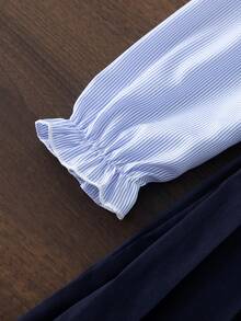 BASUSARRI Young Girls Dress With Collar, Buttons, Striped Patchwork, Pleated Hem, Preppy Style, Fashionable Elegant, Campus School Uniform, Simple And Stylish - Blue - View 5