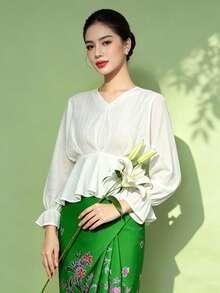 1pc Solid Color Ruffle/Flounce Trim Long Sleeve Blouse For Women - White - View 3