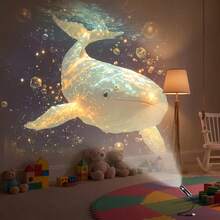 1個便攜式USB海洋生物投影小夜燈，附4款可替換海洋主題幻燈片圖案：粉色鯨魚、水母、粉色海豚和藍色鯨魚，LED氛圍燈，360°自由旋轉，適合床頭夜燈 - 黑色 - 查看 13