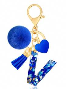 Cute A-Z Initial Keychain With Royal Blue Pom Pom, Heart And Tassel, Minimalist Personalized Key Chain For Women, Bag Charm, Daily Wear Accessory And Gift - Royal Blue - View 26