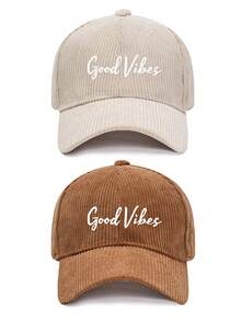 1pc/2pcs Vintage Corduroy Baseball Cap For Women, Printed With "Good Vibes" Letter, Adjustable Strap, Spring/Autumn Street Style Hat - Multicolor - View 11
