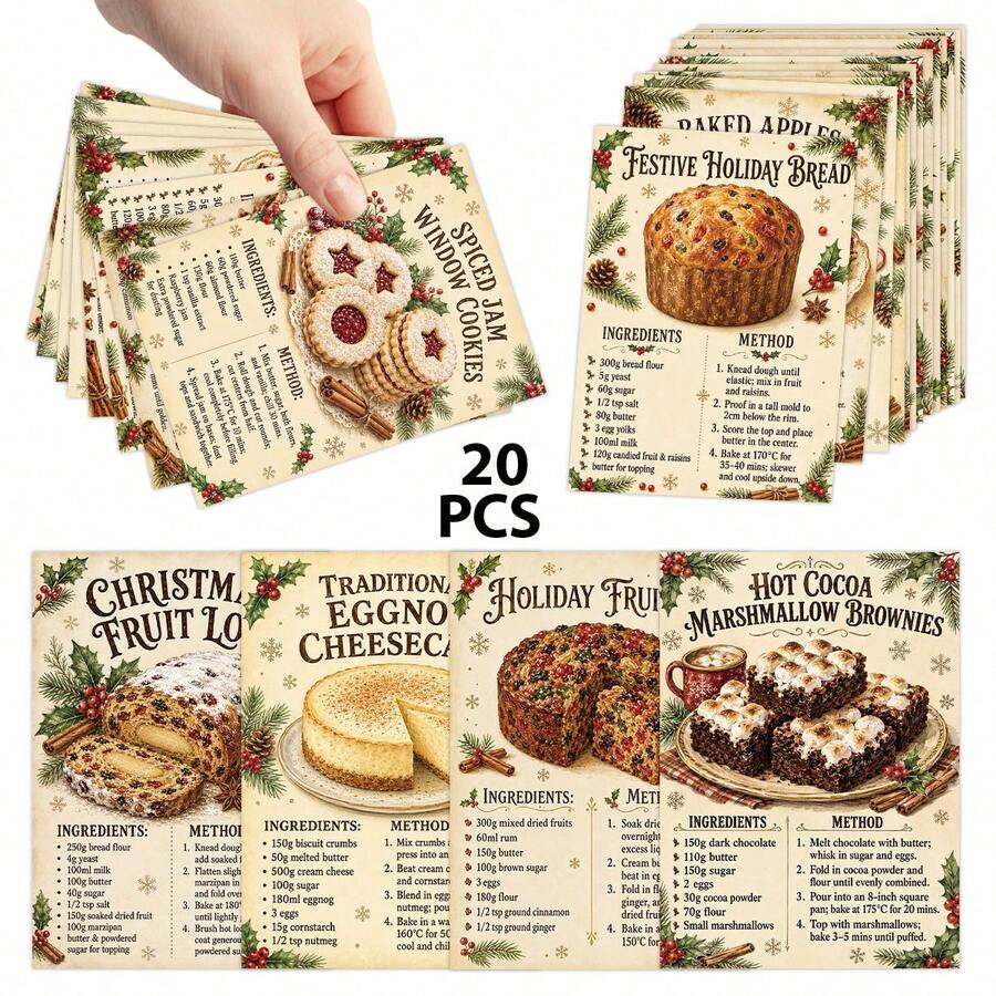 20 Vintage Christmas Dessert Recipe Cards, Holiday Baking Theme Recipe Guide Cards With Ingredients And Instructions, Kitchen Baking Reference Cards, Gift For Bakers And Baking Enthusiasts - A - View 1