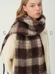 1pc Women's Plaid Elegant Elegant Warm Thick Polyester Loop Yarn Scarf For Autumn/Winter Daily Use - Brown - View 4