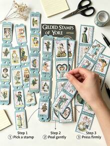 (4 Styles Randomly Sent) 1 Pack 20pcs Gold Foil Long Strip Ticket Stickers, Vintage Creative Aesthetic Decals, DIY Decoration Collage Craft Materials, Holiday Gift, Personalized Scrapbook School Stationery Supplies - W.P. Random - View 5