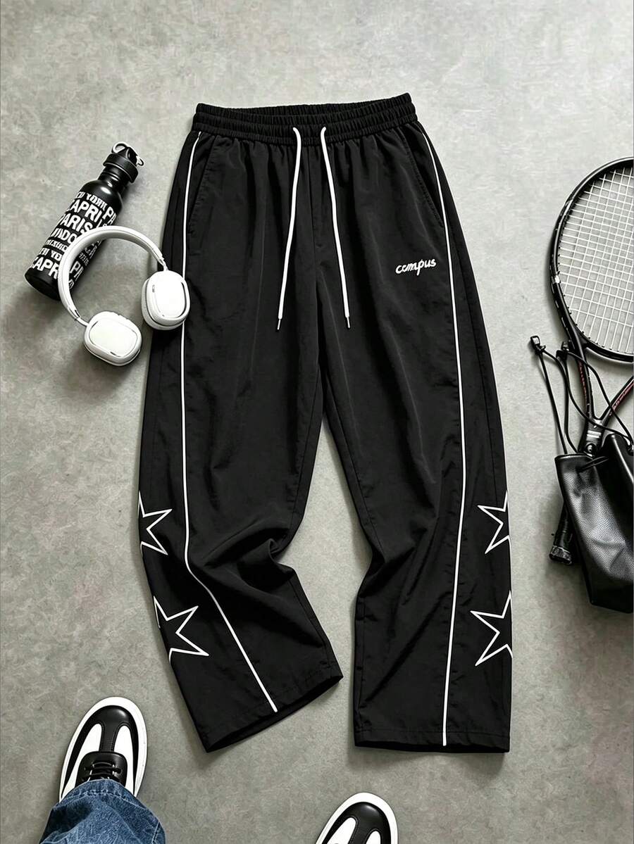 Men's Street Style Loose Fit Sweatpants, Drawstring Waist Design, Contrast Color Casual Pants, Suitable For Daily Wear; Star Embroidery Decoration On Edges, Comfortable Elastic Waistband; Drawstring Sporty Style; Contrast Color Fashionable Style; Casual Straight Leg Fit; Loose Wide Leg Pants. Gym Fashion Style, Suitable As A Gift. - Black - View 1