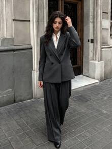 Women's Autumn/Winter Fashion Commute Lined Double-Breasted Padded Shoulder Loose Long Sleeve Blazer & Pleated Wide Leg Pants Set - Dark Grey - View 6