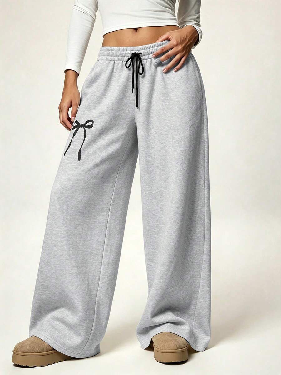 Plus Size Women's Gray Bowknot Print Wide Leg Sweatpants, Elastic Waist Loose Straight Leg Casual Sports Drawstring Long Pants - Light Grey - View 1