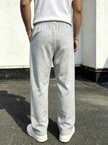 Men's Minimalist Solid Color Straight Leg Sweatpants - Featuring Drawstring Elastic Waist, Side Pockets, Made Of Fabric, Loose Fit Sports - Light Grey - View 8