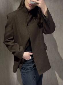 SMILE CHIC 女款復古休閒日常通勤百搭單扣V領假口袋人字紋粗花呢內裡西裝外套 - 棕色 - 查看 4