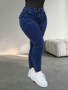 Plus Size Women's 9/10 Length Slim Fit Jeans, High Stretch Washed Denim With Button, Zipper And Pockets, Fashionable Autumn Pants - Deep Blue - View 7