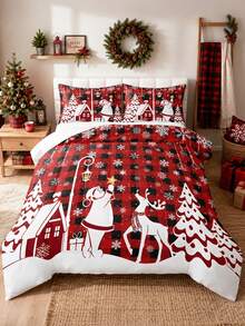 Bộ chăn ga gối 3 món chủ đề Giáng Sinh họa tiết kẻ caro đỏ đen Ông già Noel và tuần lộc - mềm mại, thoải mái và thoáng khí, bông chần 200g, gồm 1 chăn và 2 vỏ gối (không kèm ruột gối) - lựa chọn hoàn hảo để trang trí Giáng Sinh cho nhà hoặc ký túc xá - Nhiều màu - Xem 8