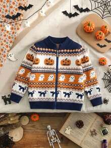 Boys Cute Colorblock Ghost Pumpkin Head Pattern Stand Collar Long Sleeve Knit Cardigan Suitable For Halloween Spring Autumn Winter - Navy Blue - View 4