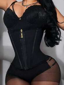 1pc Waist Trainer, Zipper Closure, High Compression Shapewear, Women's Waist Cincher, Tummy Control - Black - View 3