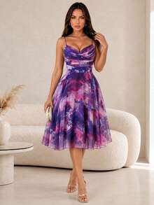 ChicMe Women's Ombre Print Ruched A-Line Sleeveless Midi Dress, Back Zipper Design, Casual Elegant, Suitable For Daily And Vacation Wear - Purple - View 5