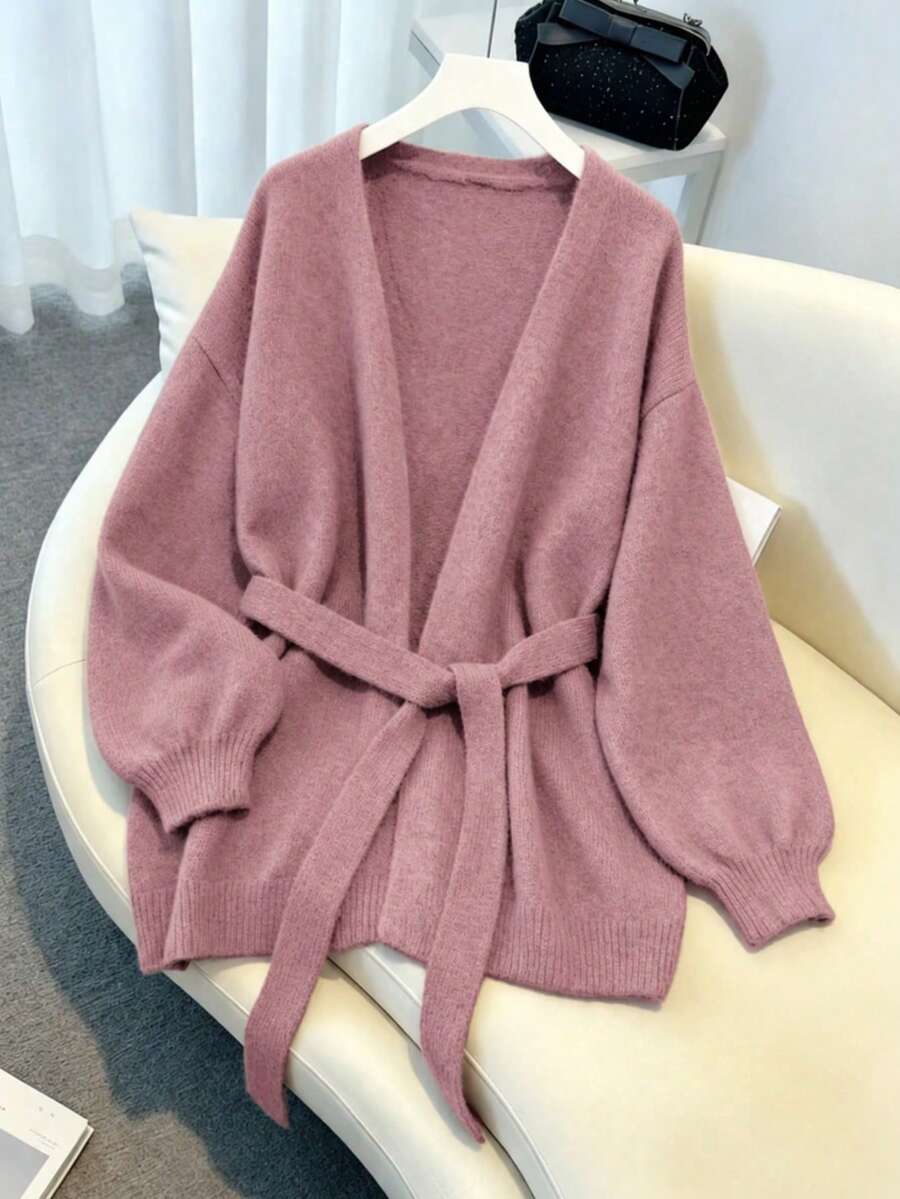 秋冬女款優雅休閒針織開襟衫,寬鬆慵懶通勤收腰繫帶前襟毛衣外套,老錢風穿搭,女款街頭風造型 - 豆沙粉 - 查看 1