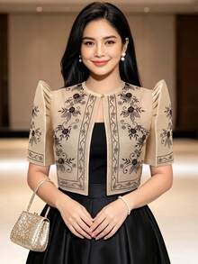 Modern Filipino Vintage Print Puff Sleeve Top, Spring/Summer - Champagne - View 1
