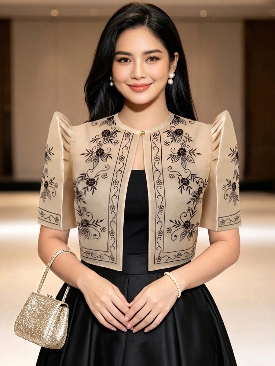Modern Filipino Vintage Print Puff Sleeve Top, Spring/Summer - Champagne - View 1