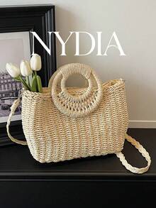 Women's Straw Tassel Drawstring Tote Bag, Suitable For Daily Use - Beige - View 2