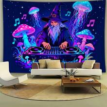 卡通巫師 DJ 掛毯 霓虹水母 斑點蘑菇與音符印花 牆掛布 深色星空背景 唯美宿舍臥室嬉皮風室內牆飾布 - 水母音符 - 查看 2