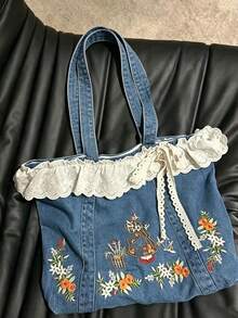 開學季刺繡包 森系甜美日系文青風 春夏新款復古蕾絲大容量托特包 蕾絲拼接女款單肩托特包 - 藍色 - 查看 5