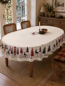 1pc Cream Winter Forest Tablecloth, Minimalist Polyester Rectangular Tablecloth With Reindeer Silhouette, Snowflake, Tree And Moon Pattern, Suitable For Kitchen Decor, Home Decor, Room Decor, Christmas Home Decor And Classroom Decor - Multicolor - View 17