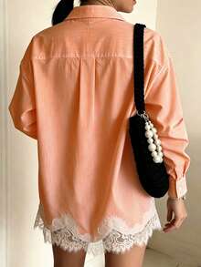 Women's Fashion Shirt Collar Long Sleeve Contrast Color Lace Button Front Regular Fit Top, Suitable For Autumn Wear - Orange - View 7