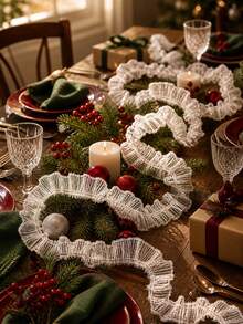 1pc White Ruffled Mesh Ribbon Garland Christmas Tree Swag Trim Xmas Mantel Fireplace Stair Handrail Window Party Backdrop Festive Hanging Streamer Holiday Home Layout Decor Winter Scene Ornament Decorative Accessory - Multicolor 4 - View 2