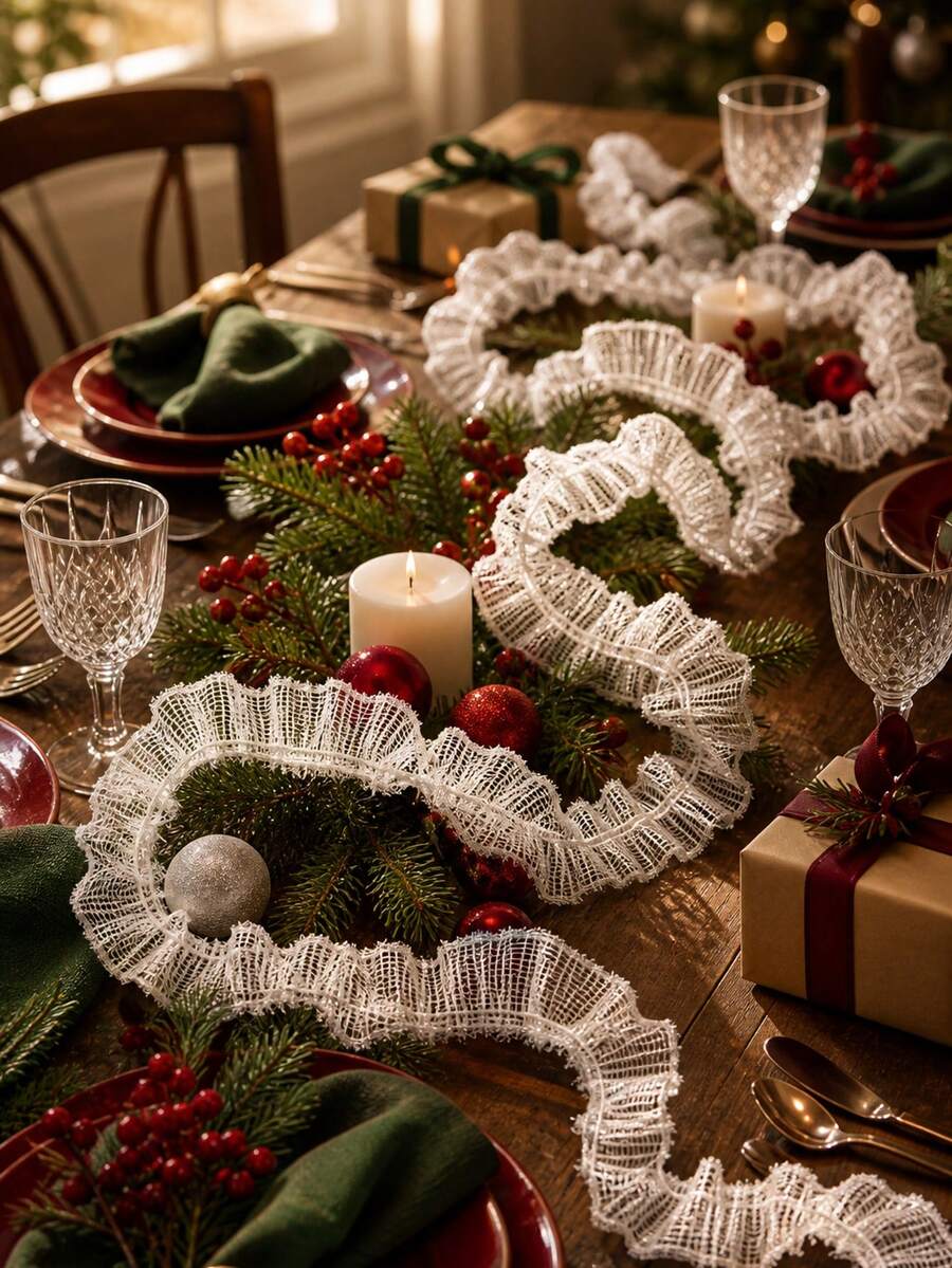 1pc White Ruffled Mesh Ribbon Garland Christmas Tree Swag Trim Xmas Mantel Fireplace Stair Handrail Window Party Backdrop Festive Hanging Streamer Holiday Home Layout Decor Winter Scene Ornament Decorative Accessory