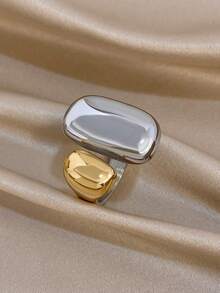 1Pc/Set Irregular Hollow Oval Gold Ring Two-Tone Curved Open Ring Set,Stainless Steel Jewelry For Women,Party,Daily,Birthday Gifts,Halloween,Boho/Y2K - Multicolor - View 7