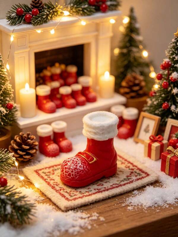 5pcs Miniature Christmas Boots-Red And White-Designed As Festive Decorative Ornaments. Perfect For Adorning Christmas Dining Tables Or Fireplace Mantels, Or As Decorative Accents For Holiday Dollhouse Dioramas And Miniature Scenes.