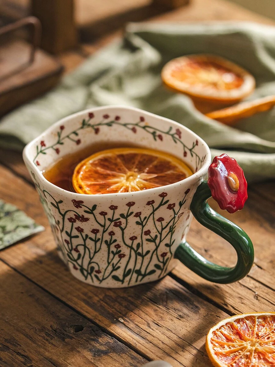 DearDali 1pc Hand-Painted Vine & Floral Ceramic Mug With 3D Flower Handle And Wavy Rim, French Vintage Pastoral INS Style Coffee Cup For Tea, Latte, Milk, Juice, Home Afternoon Tea, Creative Holiday Gift - Multicolor - View 1