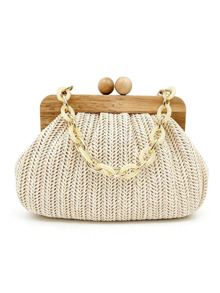 Tidet Ever Women's Beige Straw Woven Clutch Bag With Wooden Frame And Beaded Clasp, Resin Chain Crossbody Bag, Suitable For Beach Vacation, Wedding Party, Summer Elegant Handbag - Beige - View 5