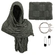 1pc Medieval Distressed Ripped Hooded Scarf Set, Vintage Viking Brooch Pin, Renaissance LARP Cosplay Halloween Headwrap For Men And Women - Multi-color - View 8