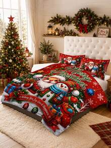 3pcs Christmas Theme Red Background Cartoon Santa Claus Snowman Christmas Pattern Bedding Set Quilt And Pillowcase 3 Pieces Set - Soft, Comfortable And Breathable Bedding, 200g Quilted Filling, Includes 1 Quilt And 2 Pillowcases (Pillow Inserts Not Included) - Perfect Choice For Home Or Dorm Christmas Decoration - Multicolor - View 4