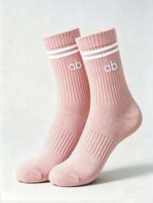 1/5 Pairs Random Women's Solid Color Letter Stripe Mid-Calf Socks, Sweat-Absorbent Breathable Sports Socks, Suitable For Fitness, Running, Travel And Daily Wear, Preppy Style - Multicolor - View 4