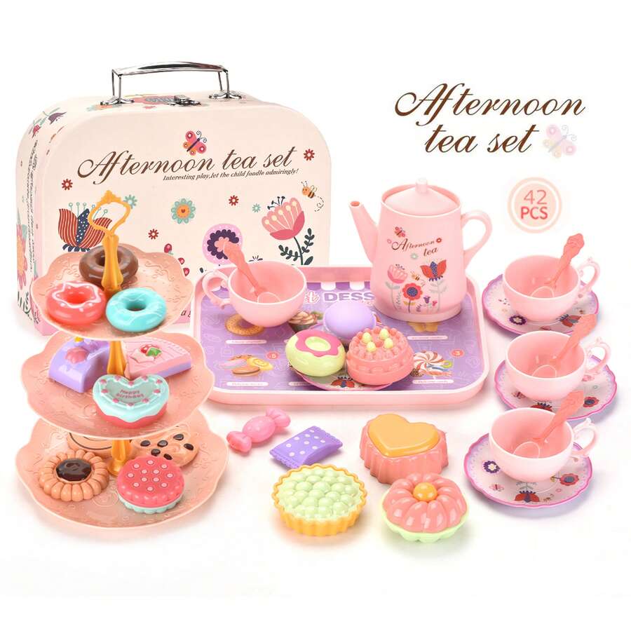 Girls And Boys Afternoon Tea Snack Tea Set Toy Set Includes Tea Set, Realistic Desserts, Carrying Case, Pretend Play Children's Kitchen Toy, 3-8 Years Old Girls Princess Birthday Party Gift (Accessory Colors Random, Gift Box Is Cardboard)
