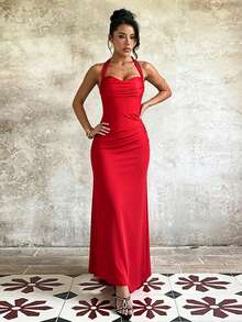 Women's Summer Red Halter Neck Dress With Padded Bust And Mermaid Hem, Suitable For Dates, Gatherings, Balls, Parties - Red - View 3