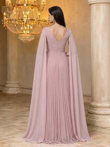SUPGIR Gaun Chiffon Berlipit dengan Leher V dan Detail Kerut di Bagian Dada, Lengan Mengembang, Cocok untuk Pesta & Gaun Malam - Berwarna merah muda - View 2