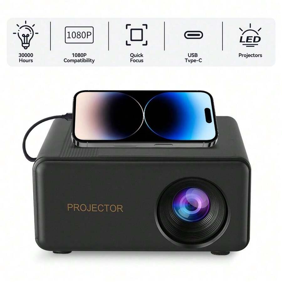 Portable Projector, USB Connection, Native 720p, Supports 1080P, Equipped With Remote Control, Suitable For Smartphones, Tablets, Laptops And LCD Screens - Black - View 1