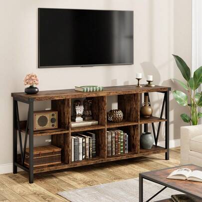 62" Industrial 8-Cube Storage Organizer with 3-Tier Metal Horizontal Bookcase – Long Low Console Shelf for Entryway and Living Room