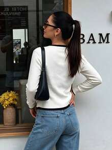 Cardigan Kasual Elegan Musim Gugur/Dingin, Serbaguna, Atasan Dasar, Pas Badan, Lengan Panjang, Resleting Dua Arah - Putih - View 6
