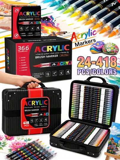 Direct Liquid Soft Tip Acrylic Marker Pens 24-418 Colors Set, No Pressing Required Student Painting Doodle Pens, DIY Colorful Art Pens, Suitable For Calligraphy, Scrapbooking, Cards, Black Cardstock, Stone Painting, Wood, Plastic, Canvas